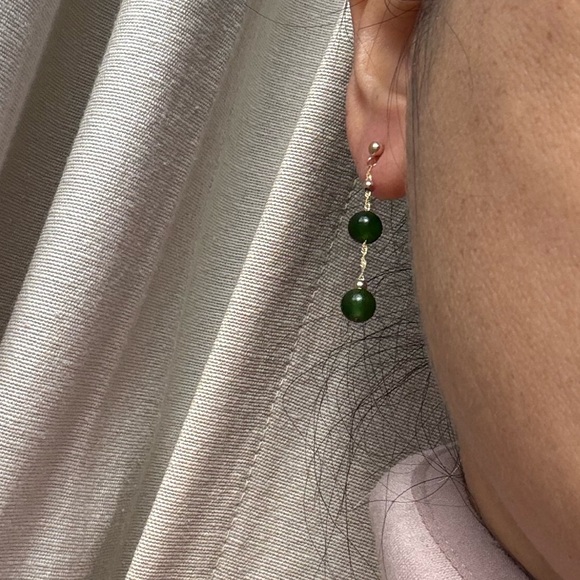 14K Yellow Gold Jade Drop Stud Earrings with Gold Ball Accents